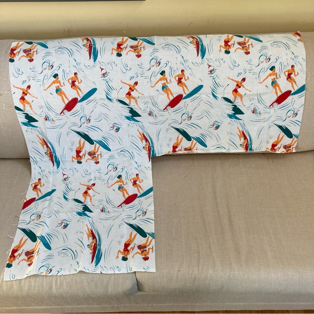 Vintage Retro Surf Surfer Cotton Fabric 1 Yard Irregular Cut Surfboard Ocean